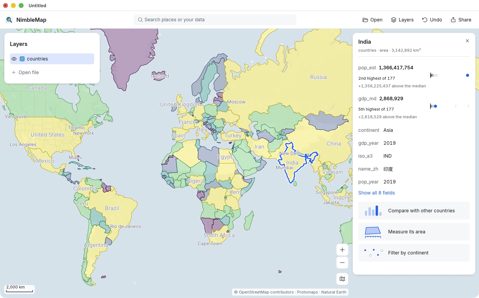 NimbleMap showing the world's countries coloured by population; India is selected and its card says its population is the 2nd highest of 177 countries.