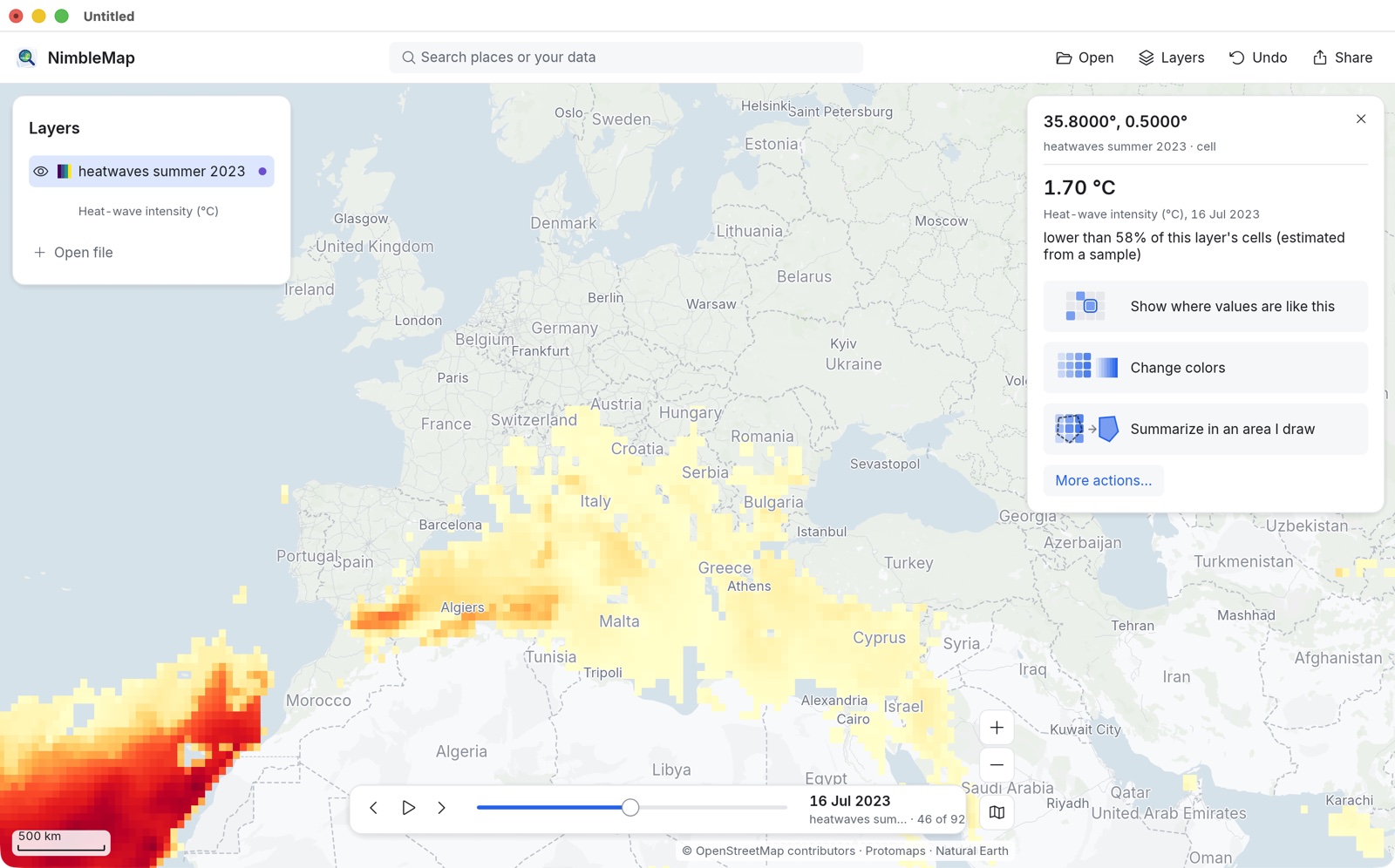 Heatwave intensity over Europe and North Africa on 16 July 2023, with one cell selected and the time slider below.