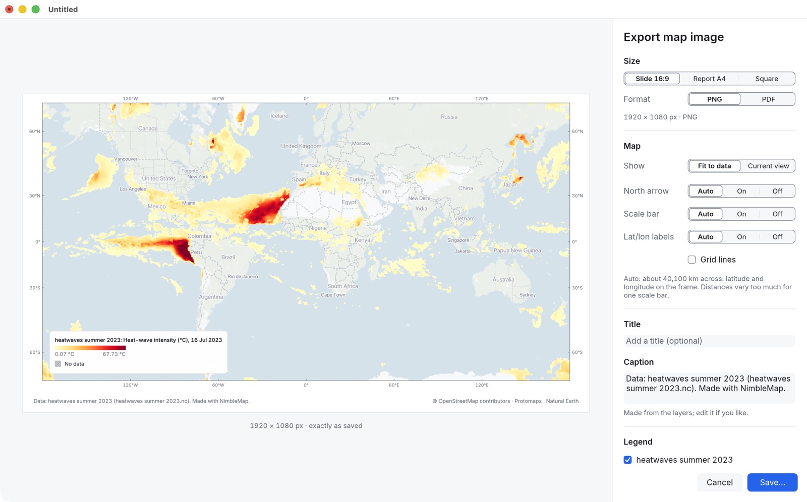 The Export map image sheet: a world map of 16 July 2023 with latitude and longitude on the frame and a legend, and options for size, north arrow, scale bar, labels, title, caption and legend.