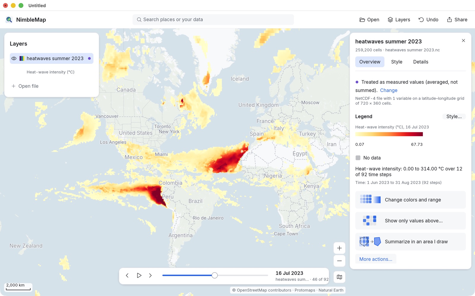 The 2023 heatwave example on 16 July, with the time slider at the bottom of the map.