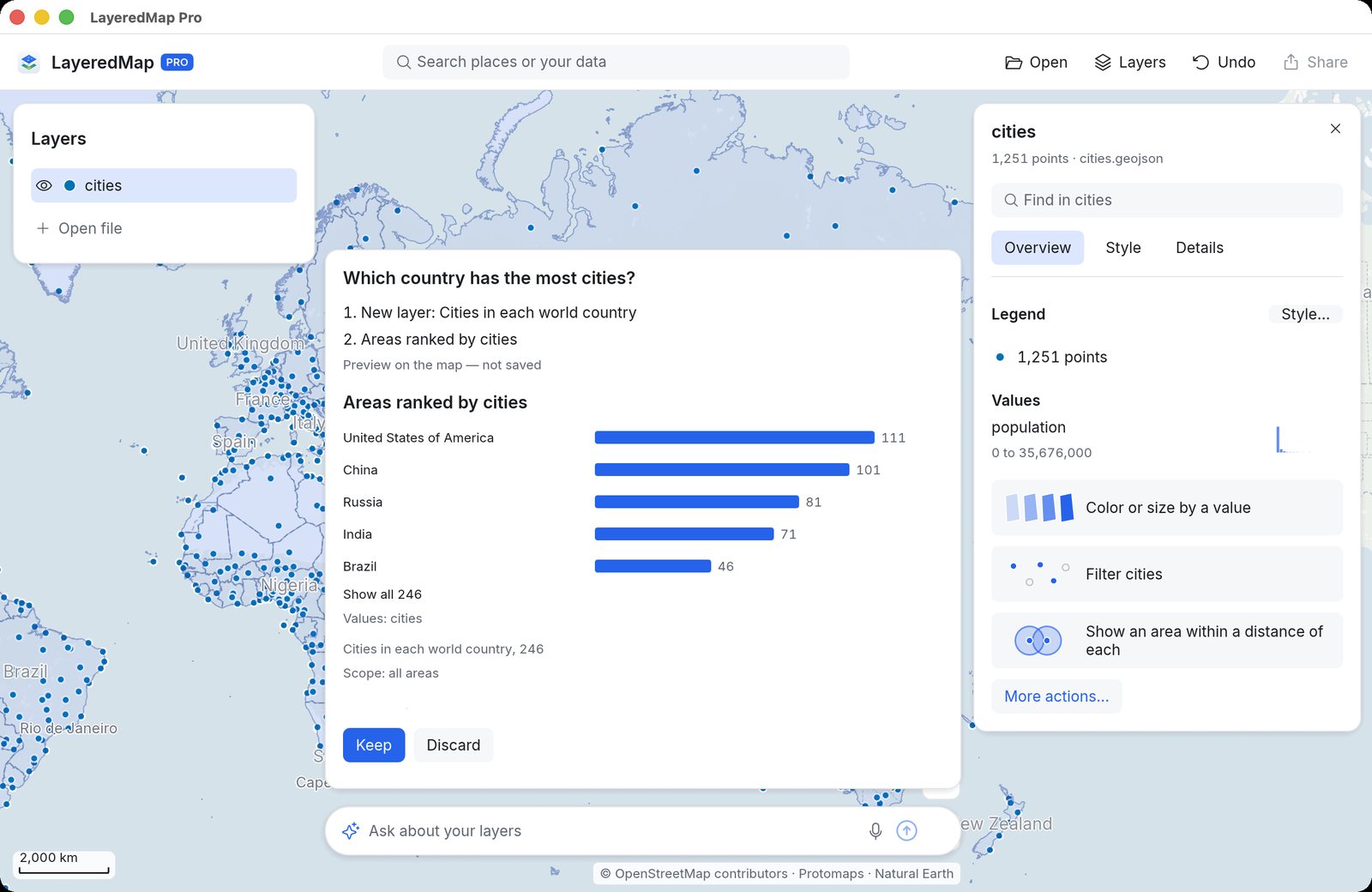 NimbleMap Pro answering “Which country has the most cities?” with a ranked list and a preview on the map.