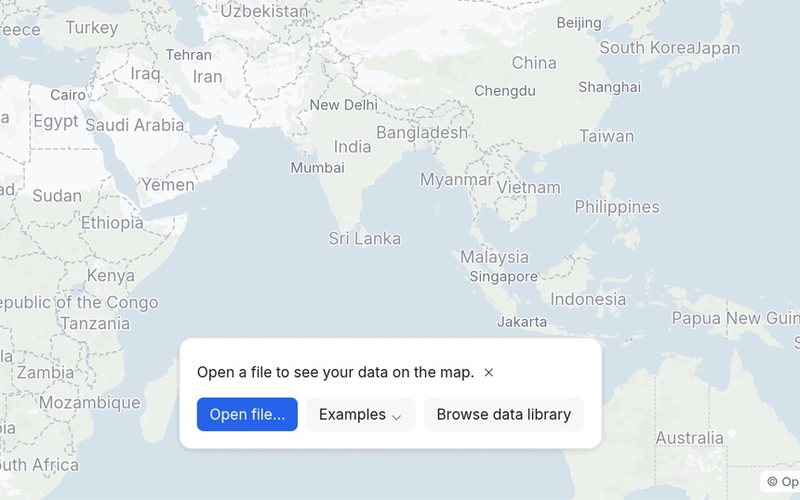 NimbleMap's welcome card on the map: Open file, Examples, Browse data library.