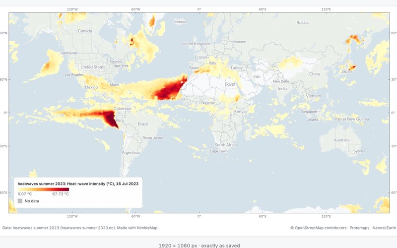 An exported map of the 2023 heatwaves, with legend, latitude and longitude labels and credits.