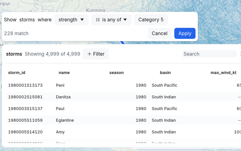 Um filtro escrito como frase, “Show storms where strength is any of Category 5” (Mostrar storms em que strength é qualquer um de Category 5), diz que 228 correspondem antes de você aplicá-lo, com Cancel (Cancelar) ao lado de Apply (Aplicar).