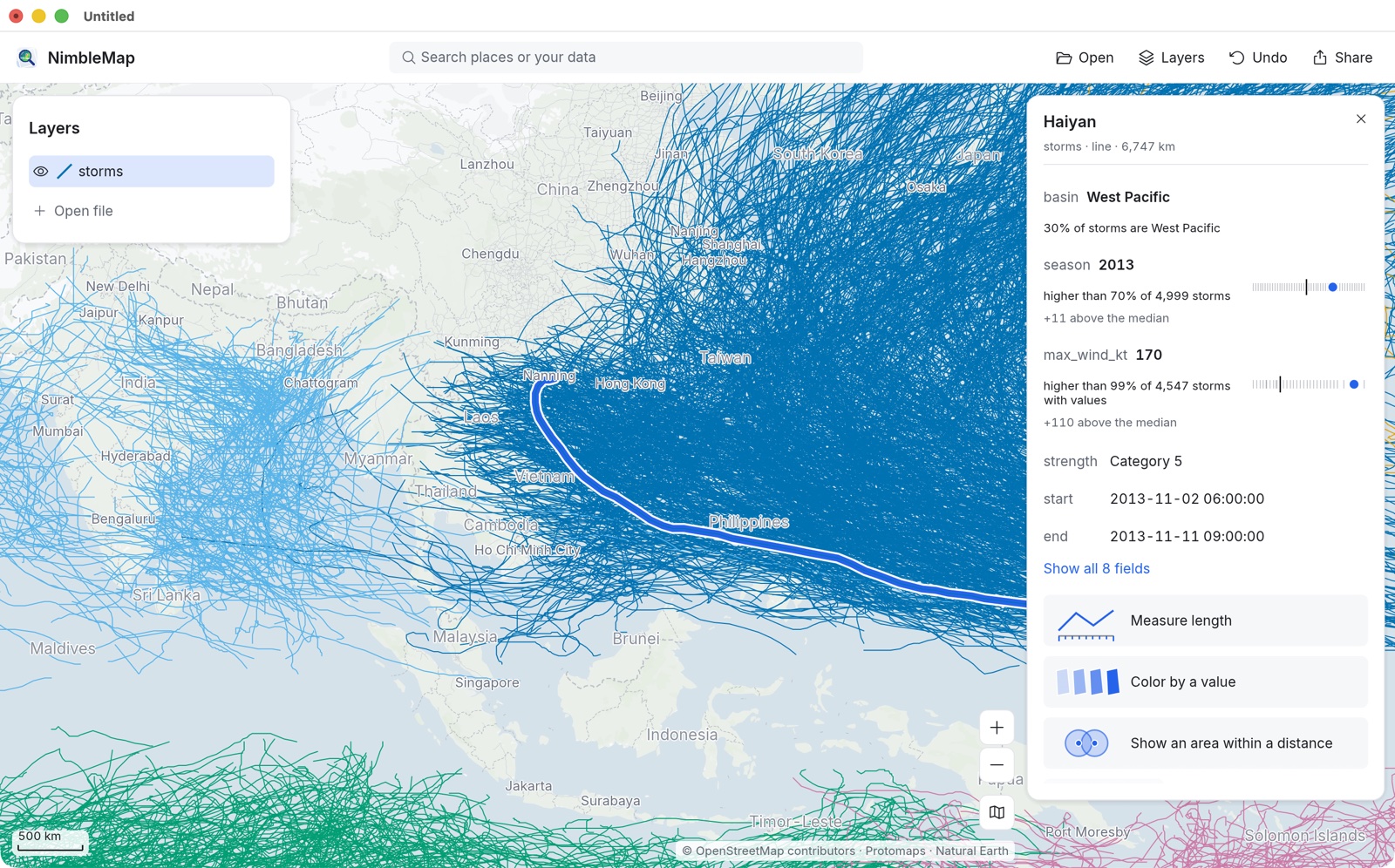 NimbleMap with 4,999 typhoon tracks over Asia and the Pacific; Typhoon Haiyan is selected and its card says its top wind of 170 knots is higher than 99% of 4,547 storms.