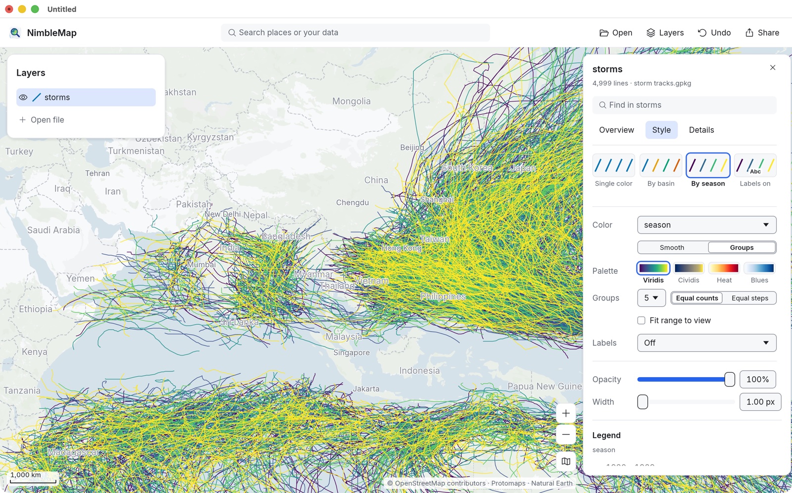 Storm tracks over Asia and the Pacific, coloured by season in the Style tab.