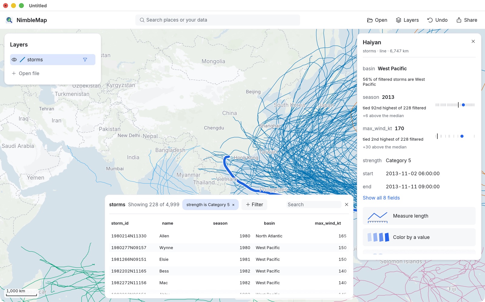 Only Category 5 tracks remain on the map, crowded east of the Philippines; the table shows 228 of 4,999.
