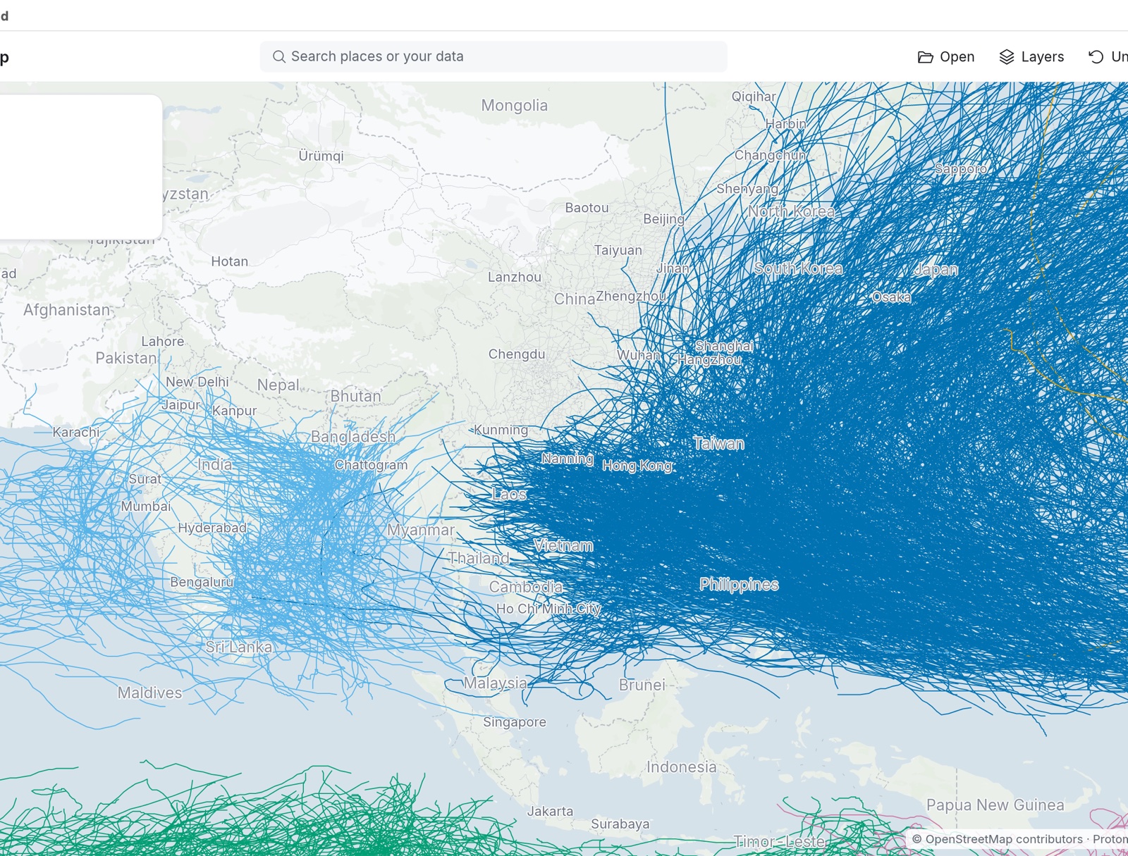 Storm tracks coloured by basin: the West Pacific in dark blue covers the sea from the Philippines to Japan.
