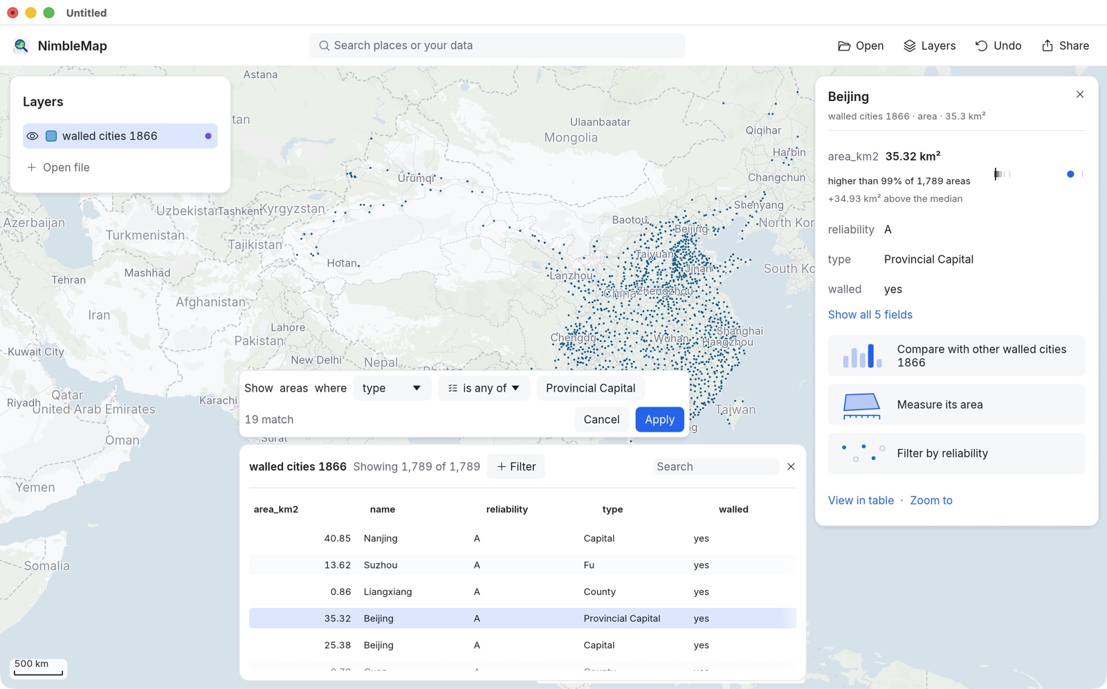 The filter sentence “Show areas where type is any of Provincial Capital”, 19 match, above the table of walled cities.