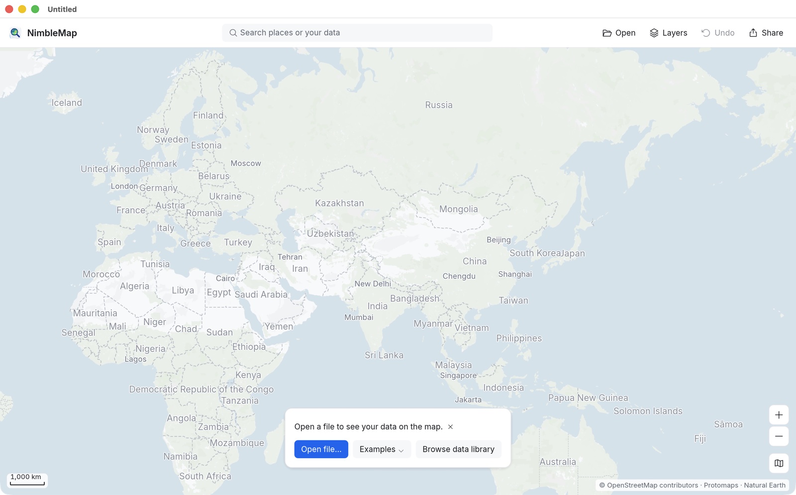 The NimbleMap window when it opens: a map with the toolbar at the top and a small card offering Open file and Examples.